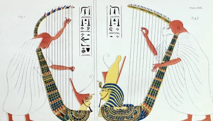 Tolkning av en freske fra kongegraven i Theben som viser harpespillere, fra «De gamle egypternes skikker og seder», 1837